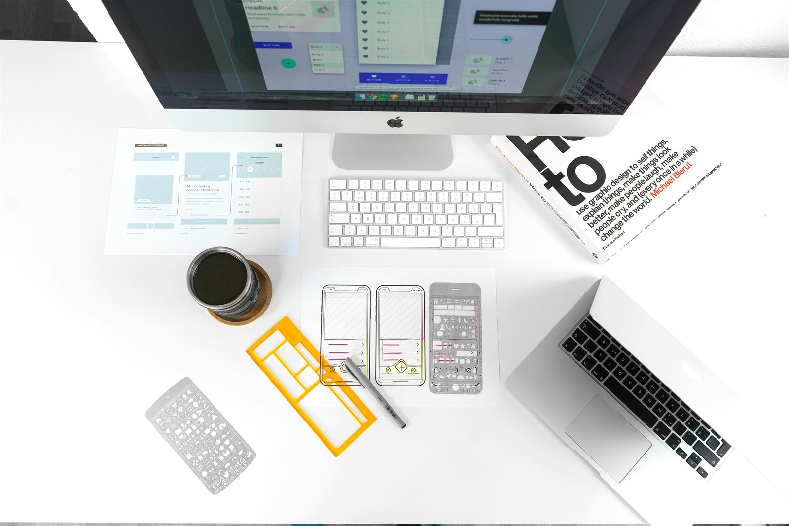E-commerce UX design workspace with wireframes and devices
